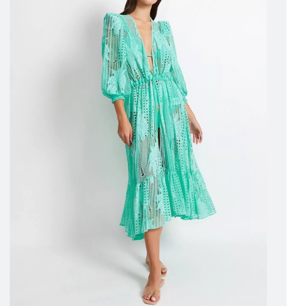 NWT PatBo Palm Lace Robe- Aqua Tie Front Beach Dress Cover Up sz M